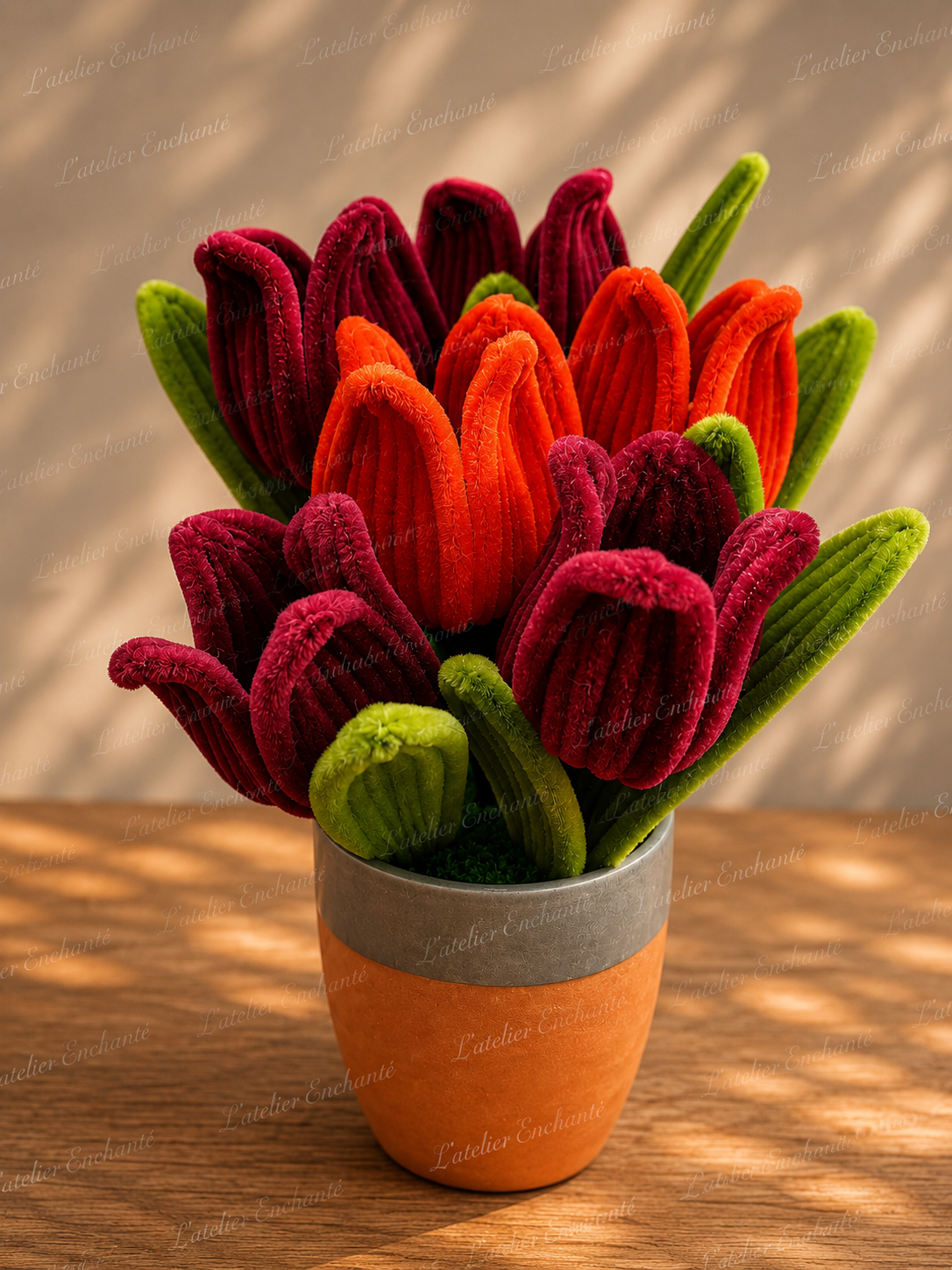 Composition tulipes terre cuite 2 rouge