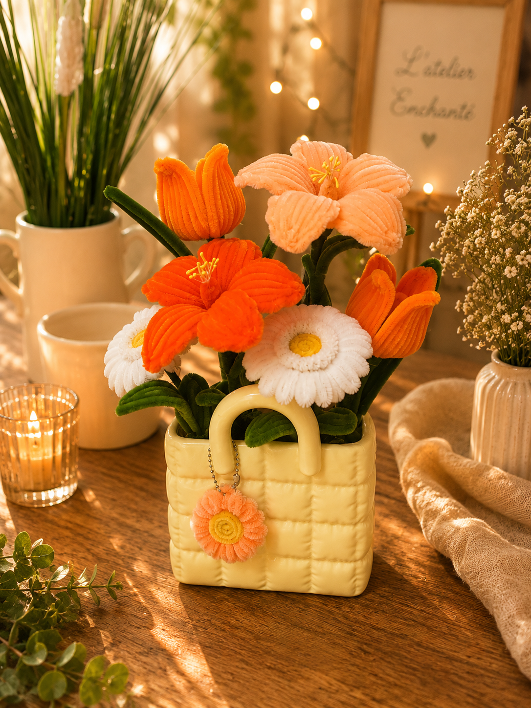 Sac fleuri jaune pastel + porte clé 🌼