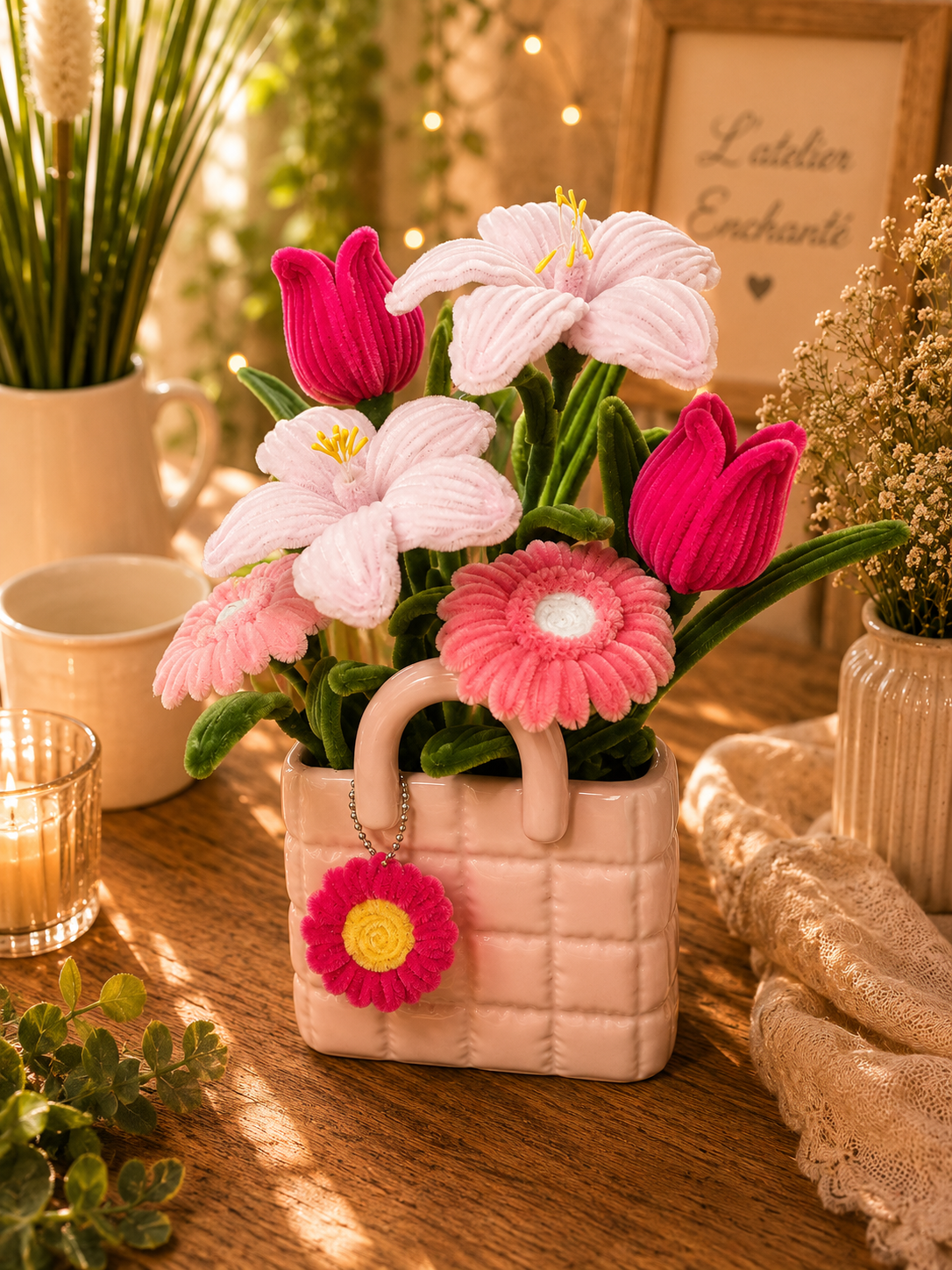 Sac fleuri rose pastel + porte clé 🌸