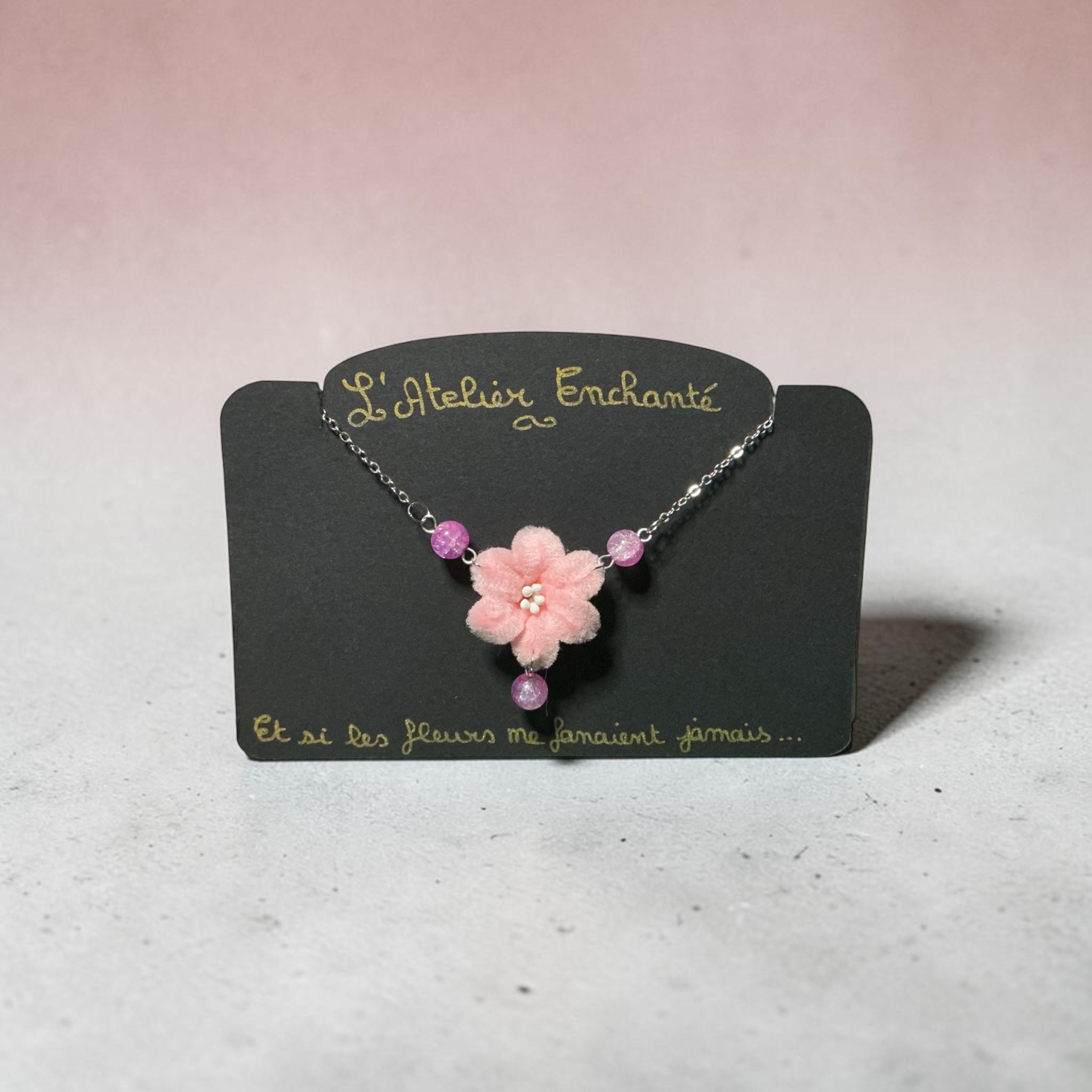 Collier rose clair 1 fleur chaîne argent